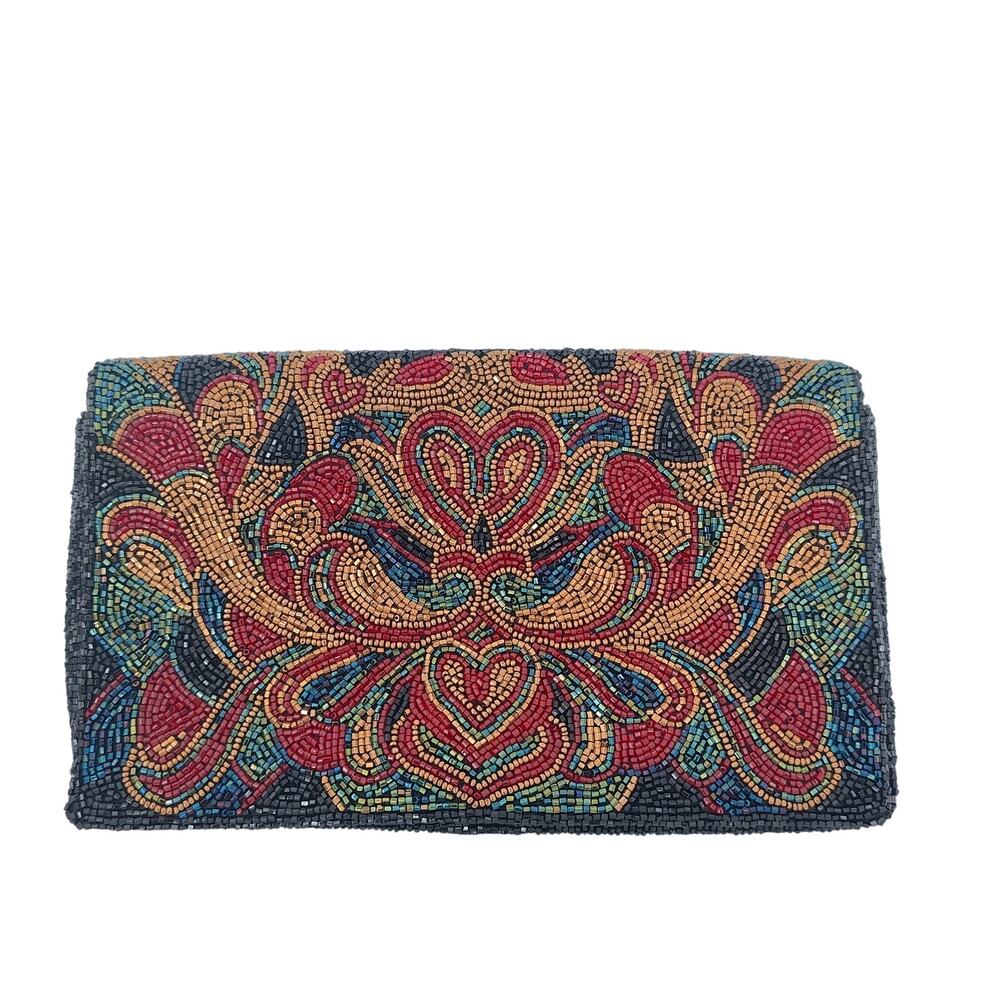 Walborg Multicolor Black Burgundy Gold Beaded Statement Clutch Purse Vtg Korea